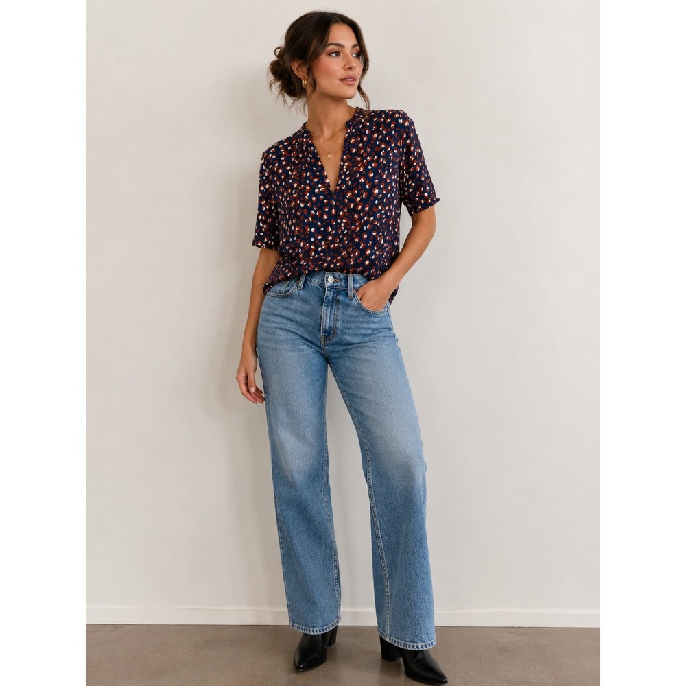 Bishop + Young Blouse Women Small NWT Leopard Print Navy Rust Boho V-Neck Top